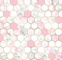 Seamless Abstract Geometric Pattern With Gold Lines, Pink And Gray Marble Hexagons