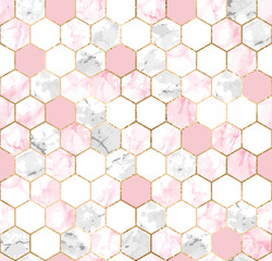 Seamless abstract geometric pattern with gold lines, pink and gray marble hexagons