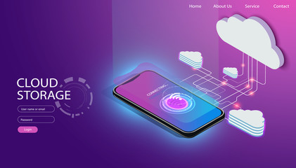 Cloud mobile storage technology, users network configuration. Isometric advertisement poster with phone vector illustration. Website template.