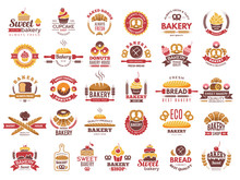 Colored Bakery Labels. Vintage Food Logos With Cooking Pastry Symbols Vector Collection. Illustration Of Bakery Food Logo, Emblem And Label Cake