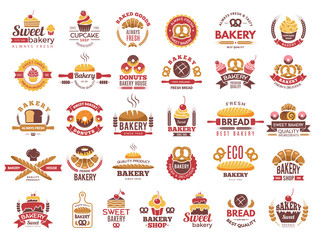 Wall Mural - colored bakery labels. vintage food logos with cooking pastry symbols vector collection. illustratio