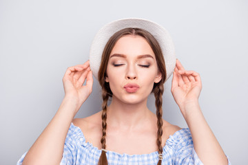 Sticker - Close up photo of charming nice pretty lovely lady touch hat headwear have make-up visage close eyes send air kisses blow attract boys males boyfriend isolated off-shoulders grey background