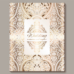 Wedding invitation card with gold shiny eastern and baroque rich foliage. Ornate islamic background for your design. Islam, Arabic, Indian, Dubai.