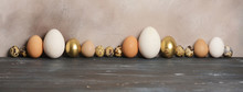 Quail, Chicken, Goose And Guinea Fowl Eggs Of Different Sizes And Colors Stand In A Row Against The Gray Old Wall.
