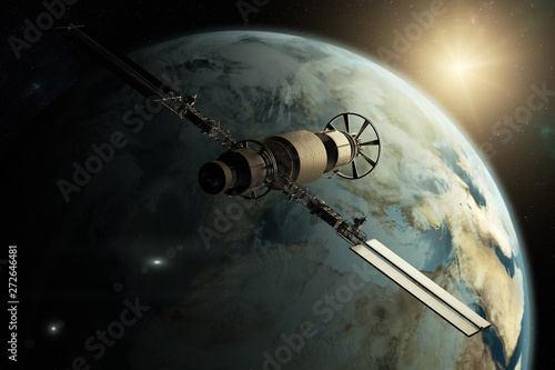 Fotografía 3D rendering of a satellite orbiting the earth