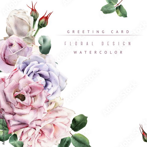 Greeting card with roses, watercolor, can be used as invitation card for wedd...