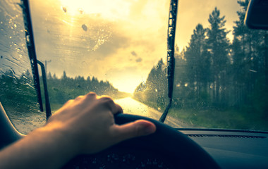 View from the car's cab at rain. Photo from Finland.