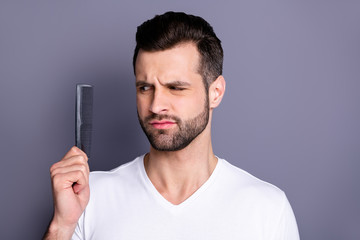 Poster - Close up photo amazing he him his macho deny not sure action new hand arm plastic hair styling brush take care hairdo after barber shop stylist visit wear casual white t-shirt isolated grey background