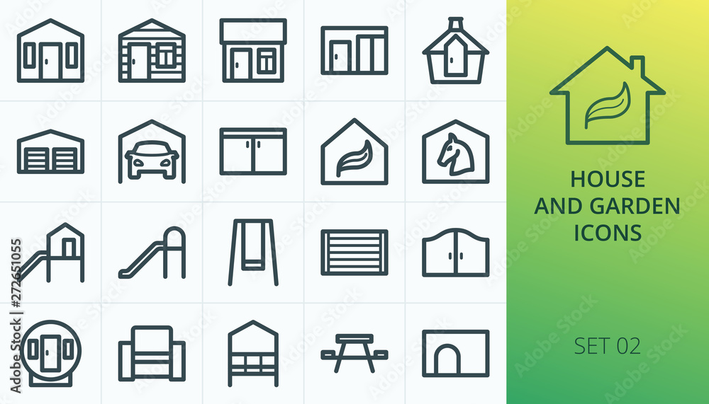 Garden buildings icons set. Set of log cabin, summerhouse, garden room, garden office, arbour, rattan furniture, playhouse, fence panel, storage shed, greenhouse isolated vector icons - obrazy, fototapety, plakaty 