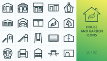 Garden Buildings Icons Set. Set Of Log Cabin, Summerhouse, Garden Room, Garden Office, Arbour, Rattan Furniture, Playhouse, Fence Panel, Storage Shed, Greenhouse Isolated Vector Icons