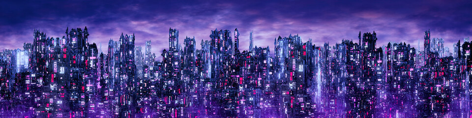 Science fiction neon city night panorama / 3D illustration of dark futuristic sci-fi city lit with blight neon lights