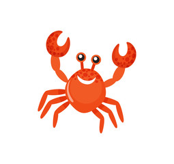 Wall Mural - Smiling red crab with raised claws, sea animal, colorful glossy creature in flat design. Decoration water symbol, fishing icon isolated on white vector