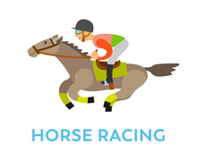 Horse Racing Sports Vector, Rider Wearing Helmet Sitting Horseback Isolated Character In Dangerous Equestrian Race. Horserace Competition Flat Style