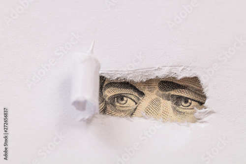 Fotomural Alexander Hamilton macro peeking through torn white paper