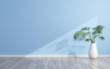 Wall Mural - View of sun light cast the shadow on blue empty wall and wood laminate floor with white ceramic vase of green plant. 3D rendering