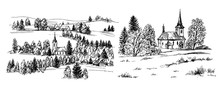 Countryside Village Landscape With Church And Houses. Hand Drawn Vector Illustration.