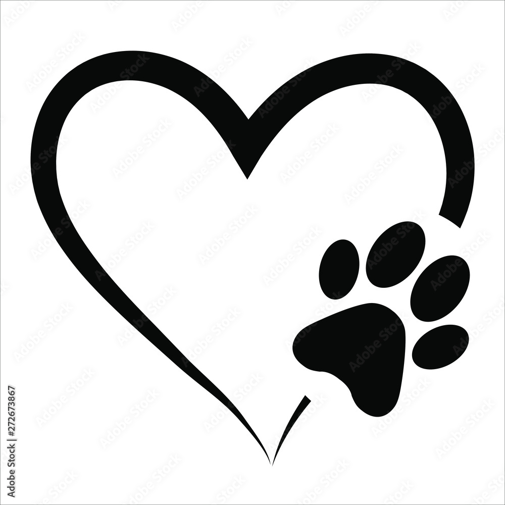 Animal love symbol paw print with heart, isolated vector - obrazy, fototapety, plakaty 