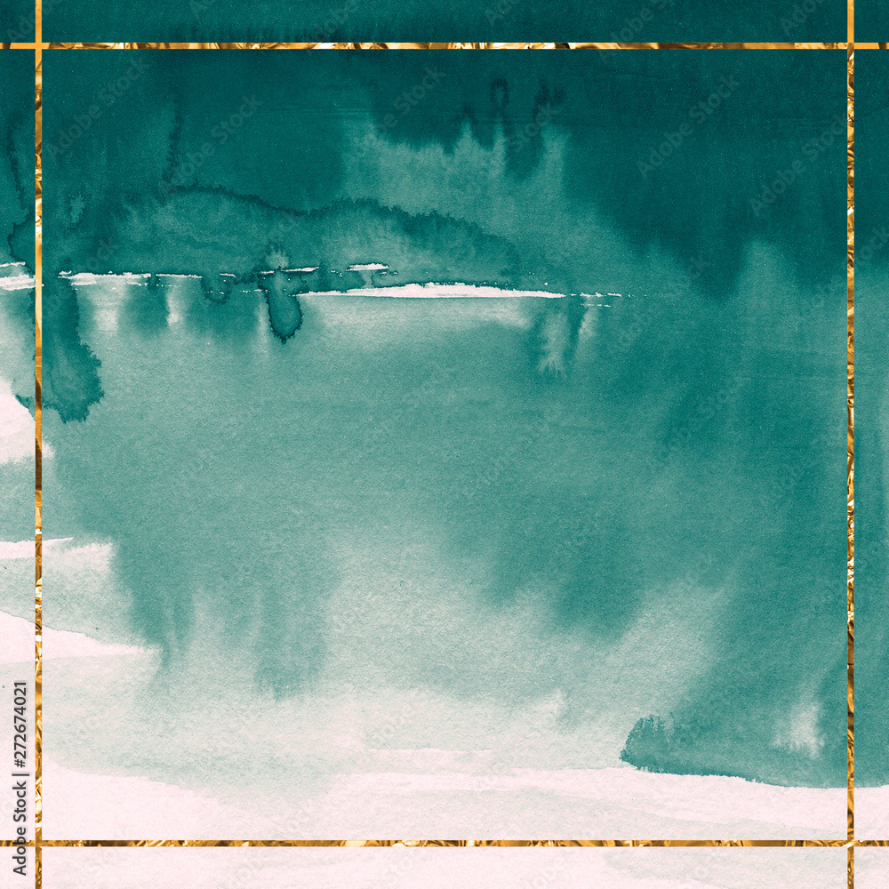 Emerald watercolor background with gold frame Card template Green paint ...