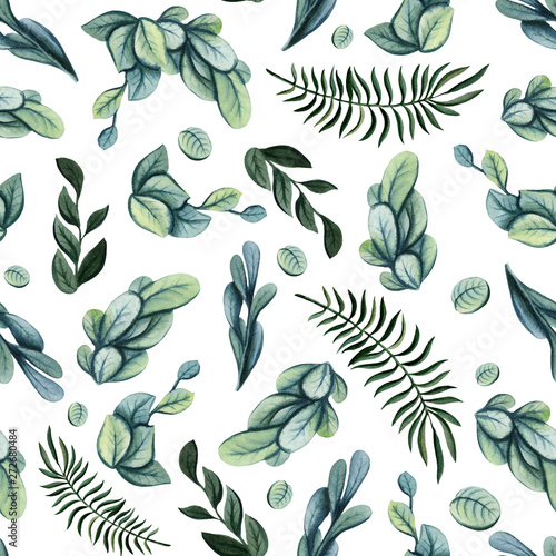 Seamless Pattern of Watercolor Green Foliage