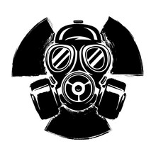 Sign Of Radioactivity With Gas Mask: The Concept Of Pollution And Danger. Gas Mask Grunge Vector Illustration. Radioactive Sign. Radioactive Hazard.