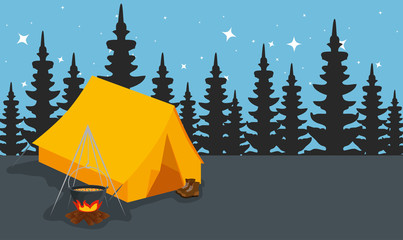 Canvas Print - camping zone with tent and campfire at night scene