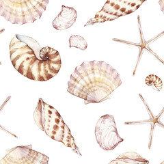 Sea shells, seamless pattern, marine background. Watercolor tropical beach design. Repeat fabric wallpaper print texture. Perfectly for wrapped paper, backdrop, frame or border. Marine collection.