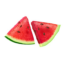 Two Juicy Slices Of Fresh Watermelon Are Bright Red With Seeds And Protruding Drops Of Juice. It Is Isolated On A White Background. 1