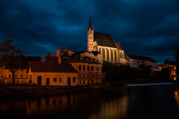 Wall Mural - Panoramic landscape sunset view with blue dark sky the historic city of Cesky Krumlov with famous Church city is on a UNESCO World Heritage Site captured during spring with nice sky and clouds