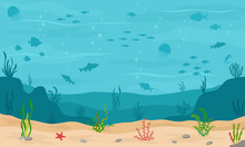 Sea Underwater Background. Marine Sea Bottom With Underwater Plants, Corals And Fishs. Panoramic Seascape. Vector Illustration.
