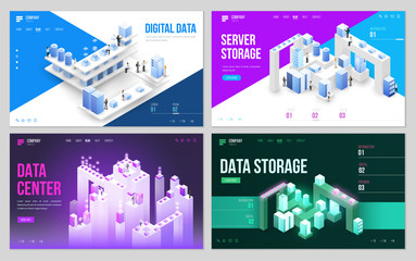 Wall Mural - Set of design web site, landing page or presentation template. Minimal modern high technology concept for data center with server or hosting. Isometric vector illustration.