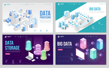 Wall Mural - Set of design web site, landing page or presentation template. Minimal modern high technology concept for data center with server or hosting. Isometric vector illustration.