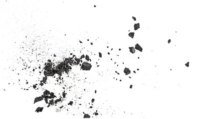 Black coal dust with fragments isolated on white background, top view.