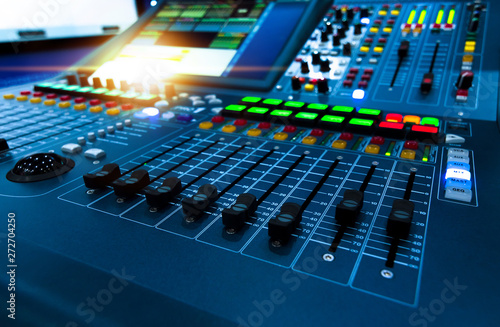 Professional audio studio sound mixer console board panel with recording , faders and adjusting knobs,TV equipment Tableau sur Toile