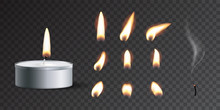 Vector Realistic Tea Candle With Fire And Candle Fire Set Isolated On Transparent Background.