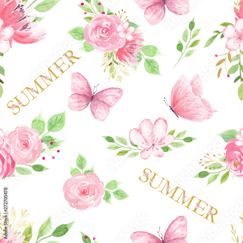 Summer flora and fauna raster seamless pattern