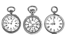 A Set Of Different Drawn Old Pocket Watches