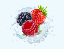 Fresh Cold Pure Strawberry, Blackberry, Raspberry Flavored Water Wave Splash. Clean Infused Water Wave Splash With Forest Berries Design Elements. Flavored Drink Splash Ad Concept. 3D