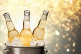 Fototapeta Panele - Bottles of cold and fresh beer with ice isolated