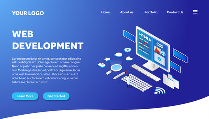 web development isometric creative illustration vector of graphic , small people in web development 