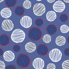 Wall Mural - Scribble polka dots seamless pattern in blue, white and red. Fun, energetic irregular dot design, great for party decorations, paper goods, textiles, fashion and product packaging. Vector repeat tile.