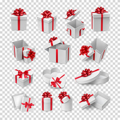 Different cardboard boxes with red ribbon bows mockup. Christmas or birthday gift packaging with bows. Many realistic 3d pasteboard containers with shadow vector illustration on transparent background