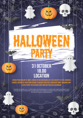 Happy Halloween party poster template. Paper cut style. Vector illusration