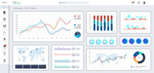 Informative and simple dashboard. Colorful infographics template for business and other projects. Admin panel interface with color charts, graphs, 3D infographics and charts on a white background.