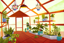 Greenhouse Interior With Garden Inside. Large Bright Empty Orangery With Glass Walls, Windows And Wooden Floor, Place For Growing Green Plants And Flowers, Inner View. Cartoon Vector Illustration
