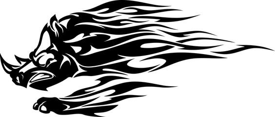 Sticker - Black Rhino Head Flame, Isolated Ink Illustration