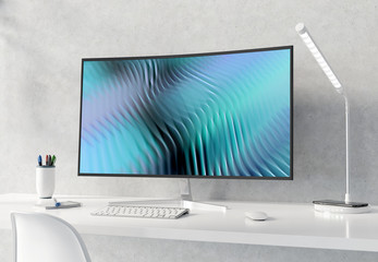 Wall Mural - curved monitor on white desktop and concrete interior mockup 3d rendering
