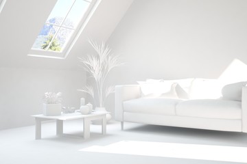 Mock up of stylish room in white color with sofa. Scandinavian interior design. 3D illustration