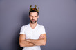 Portrait of charming lovely stunning guy have crown feel proud independent leader leadership wear light-colored summer clothing isolated grey background