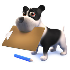 Wall Mural - 3d cute cartoon black and white puppy dog with a clipboard and pencil