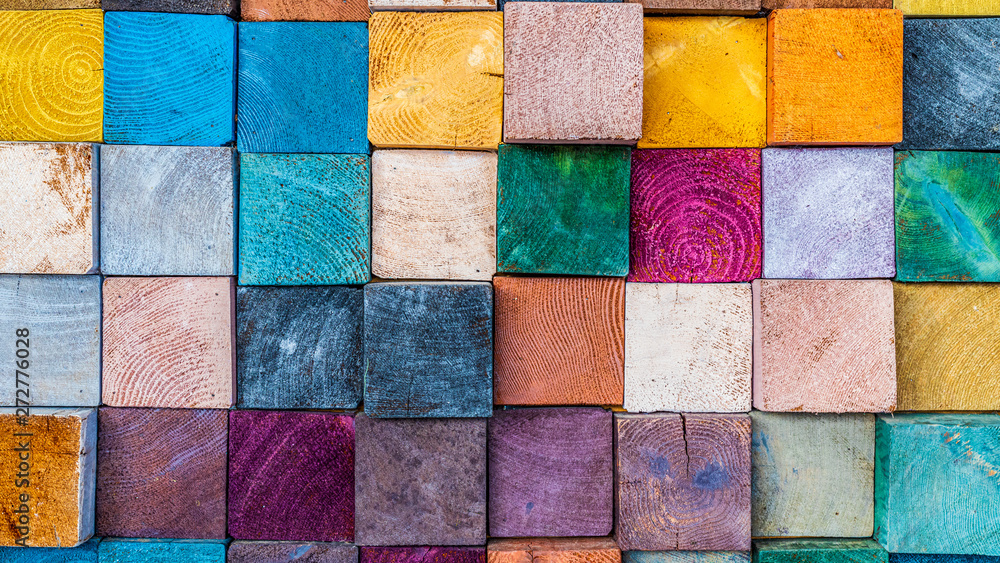 Wood texture block stack on the wall for background, Abstract colorful wood texture. - obrazy, fototapety, plakaty 